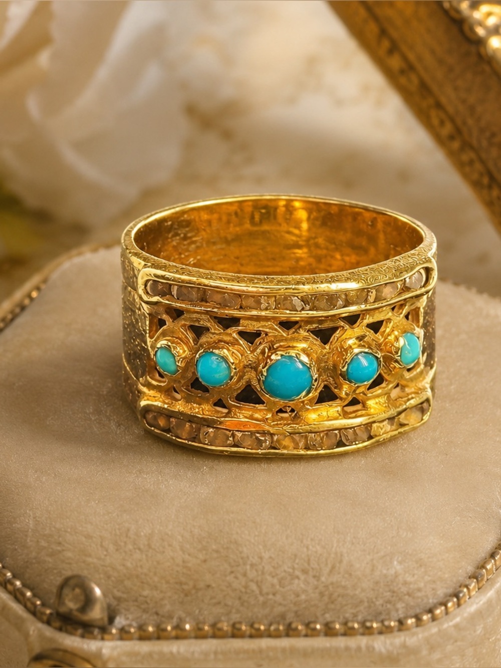 Antique 18K Gold Turquoise Wide Band Ring | Estate Fine Jewelry | Size 9